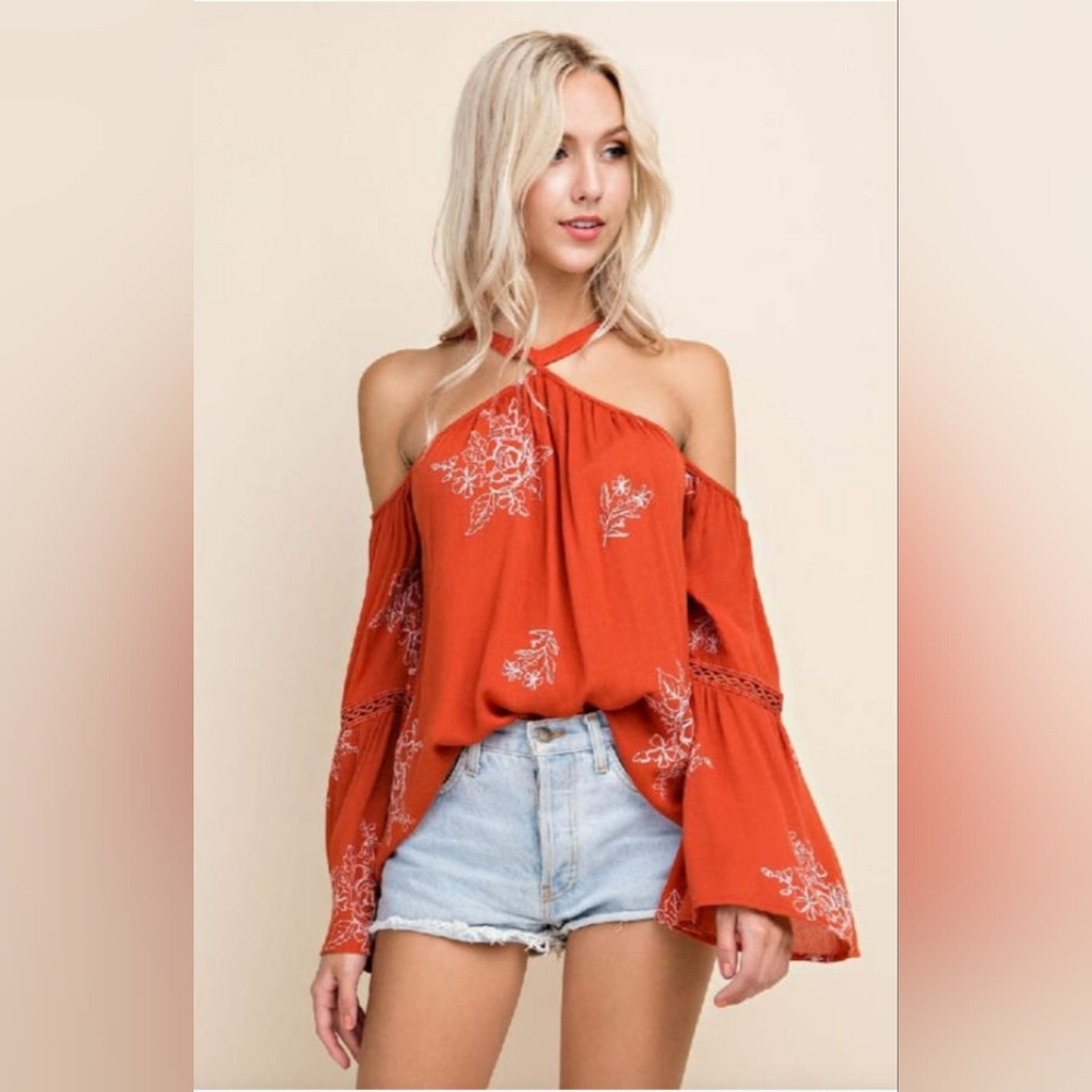 Blushing Heart  cold shoulder flowy top size medium with embroidered flowers